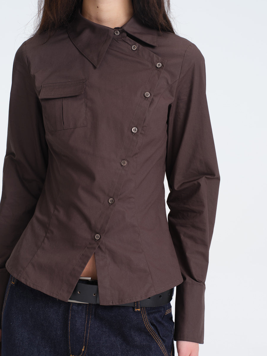 Hughum Café Brown Cotton Shirt with Asymmetric Placket and Waist Tie