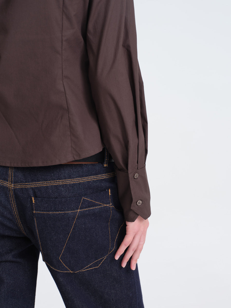 Hughum Café Brown Cotton Shirt with Asymmetric Placket and Waist Tie