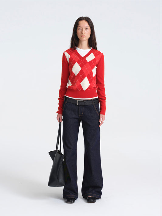 Hughum Red Wool Sweater with Diamond Pattern