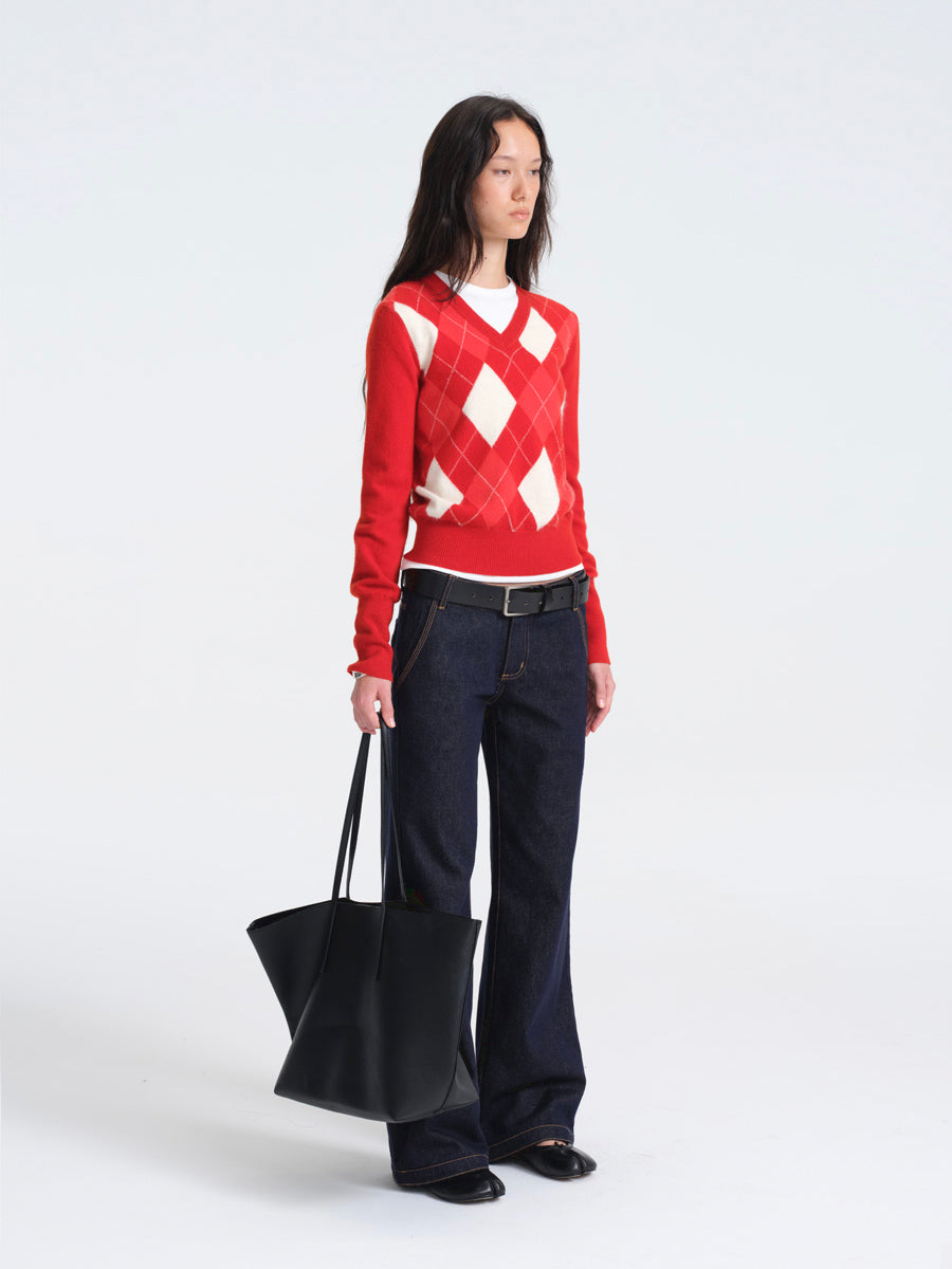 Hughum Red Wool Sweater with Diamond Pattern