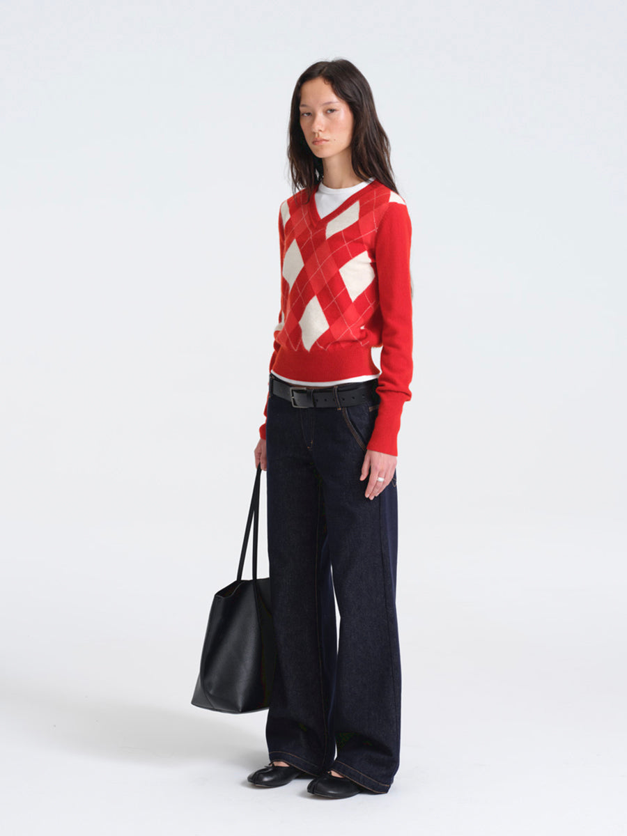 Hughum Red Wool Sweater with Diamond Pattern