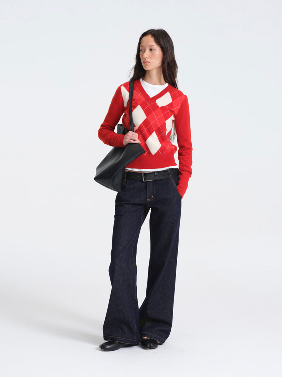 Hughum Red Wool Sweater with Diamond Pattern