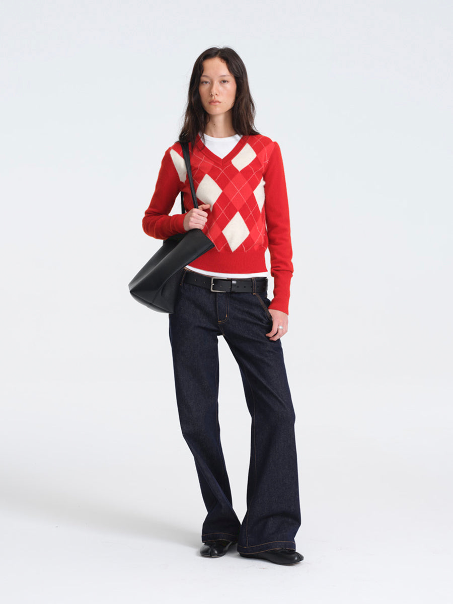 Hughum Red Wool Sweater with Diamond Pattern