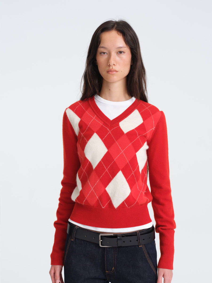 Hughum Red Wool Sweater with Diamond Pattern