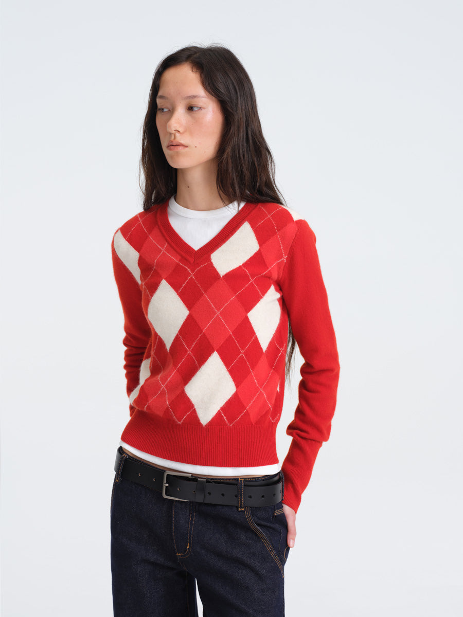 Hughum Red Wool Sweater with Diamond Pattern