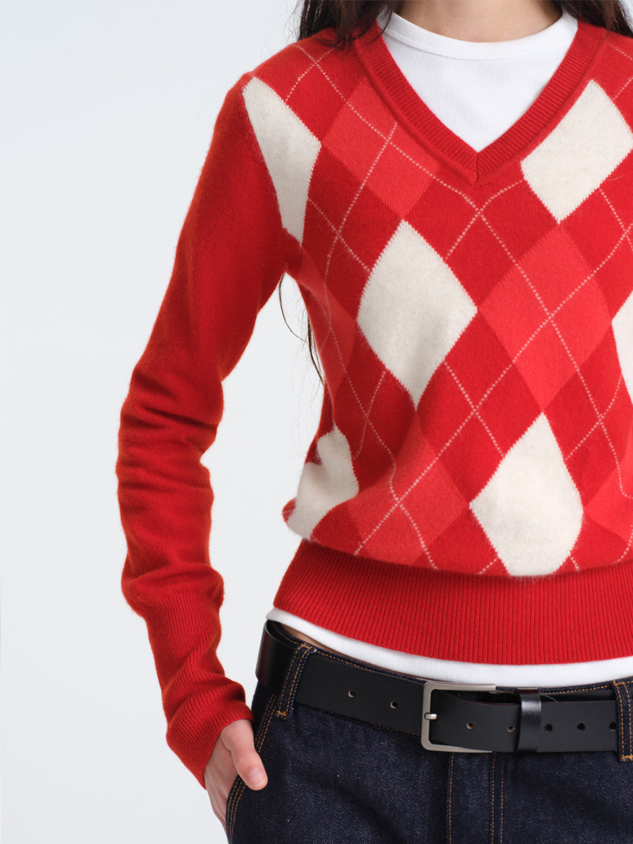 Hughum Red Wool Sweater with Diamond Pattern