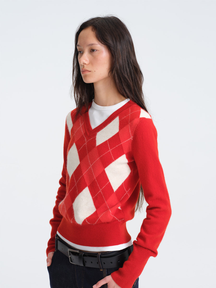 Hughum Red Wool Sweater with Diamond Pattern
