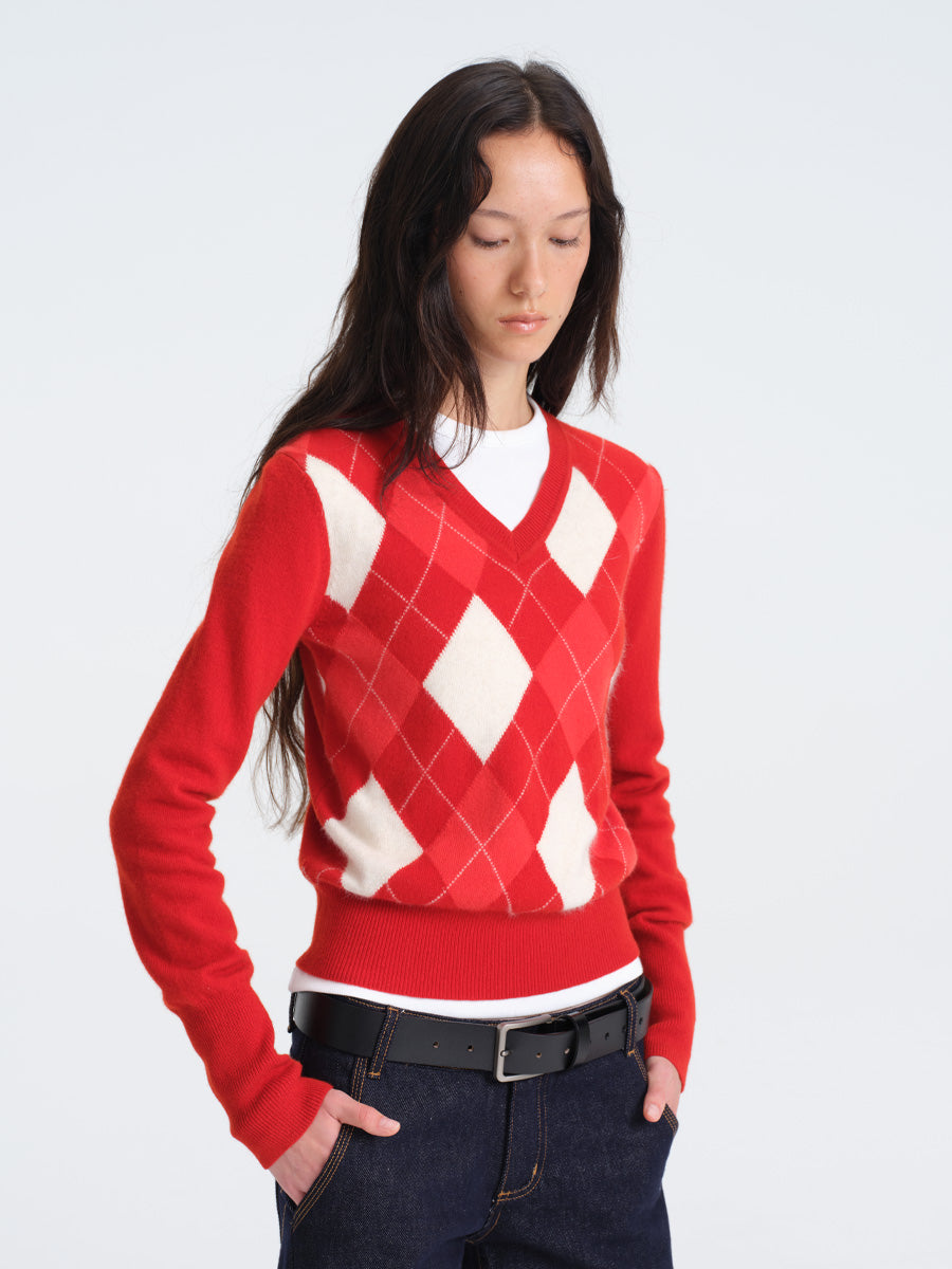 Hughum Red Wool Sweater with Diamond Pattern