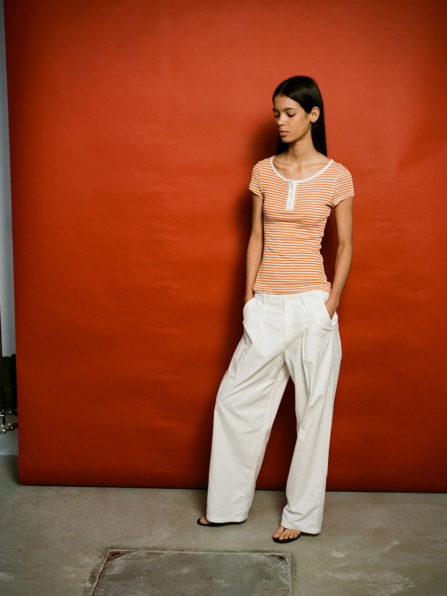 Hughum Orange navy blue sky silk knit crewneck waist T-shirt