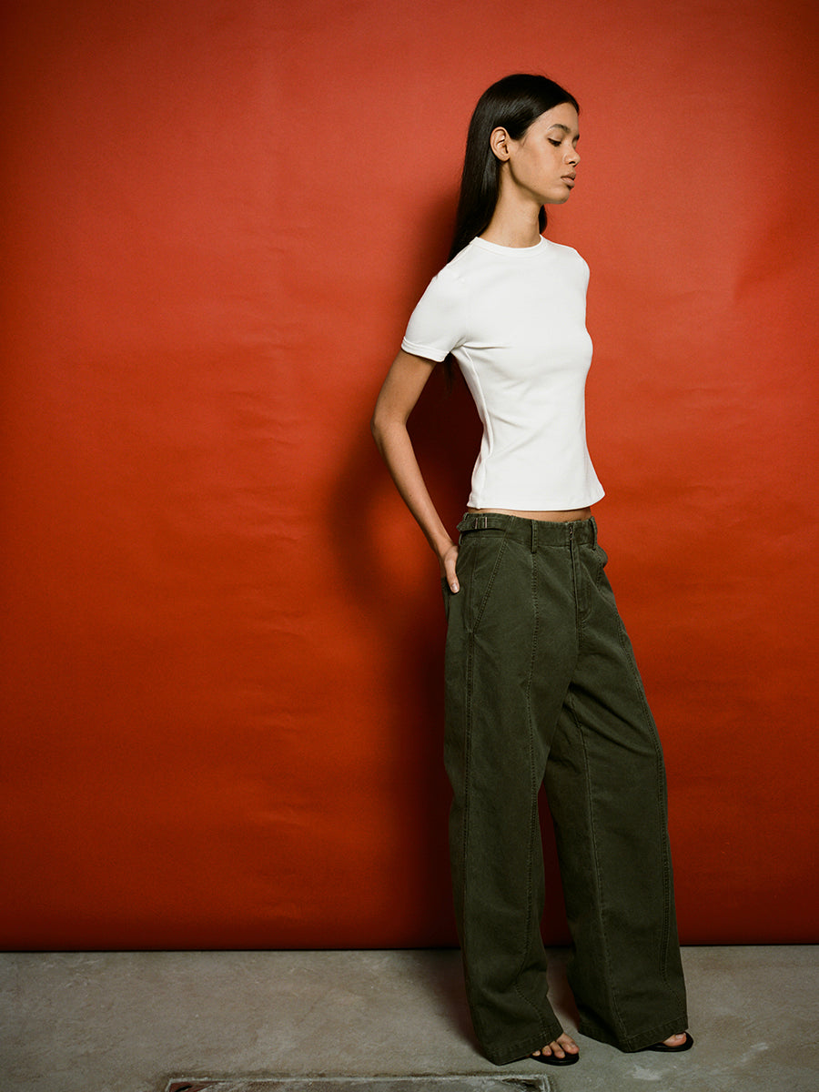 Hughum Army green cotton washed cargo casual low-rise straight trousers