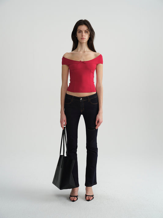 Dotyears Two-tone herringbone scoop neck basic fit slim fit T-shirt