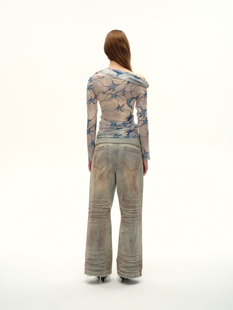 Dotyears24AW Niche original design: blue starlight print, slotted shoulder mesh