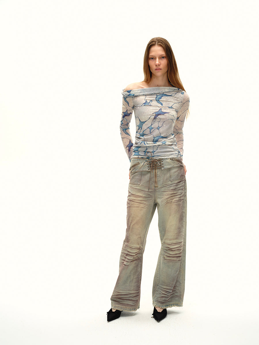 Dotyears24AW Niche original design: blue starlight print, slotted shoulder mesh