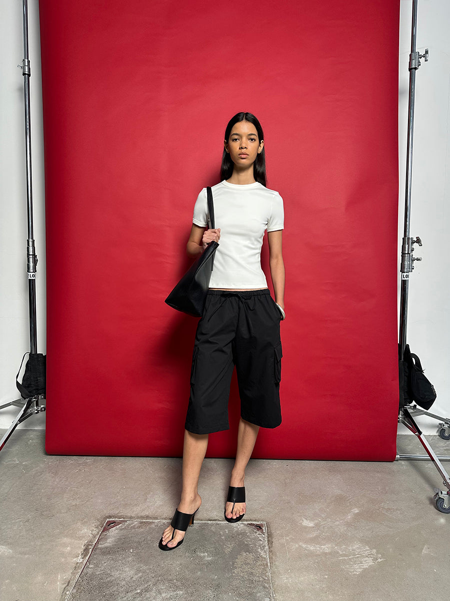 Hughum Shoulder-cinched, round-neck, slim-fit, cotton-like short-sleeved T-shirt