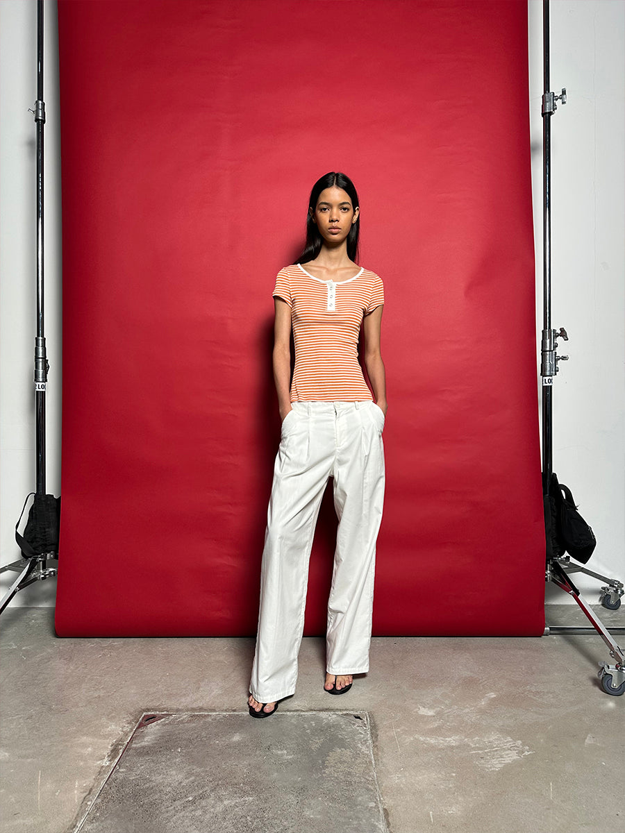 Hughum Orange navy blue sky silk knit crewneck waist T-shirt