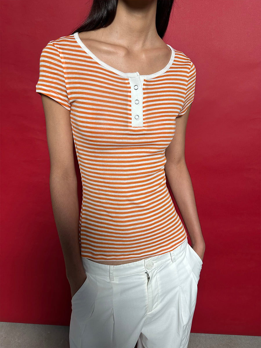 Hughum Orange navy blue sky silk knit crewneck waist T-shirt