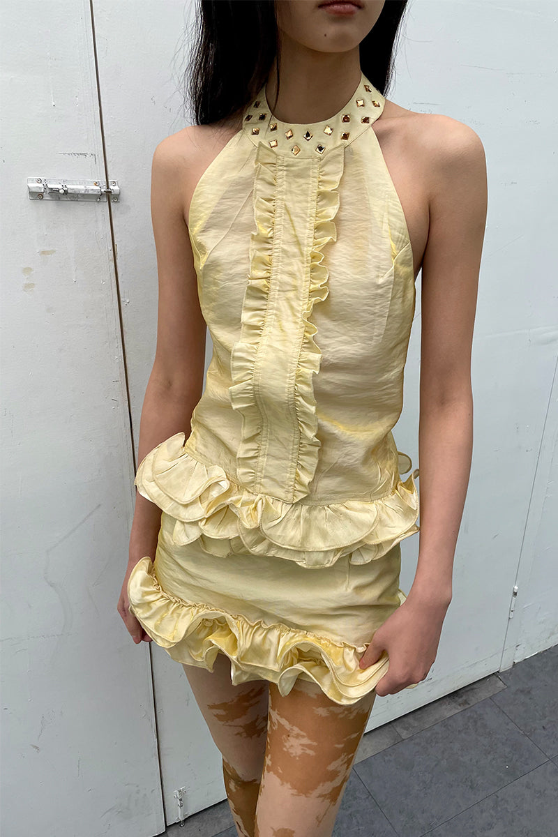 Dotyears24ss Silk thread wave lace neckline hot diamond pale yellow halterneck set Custom fabric