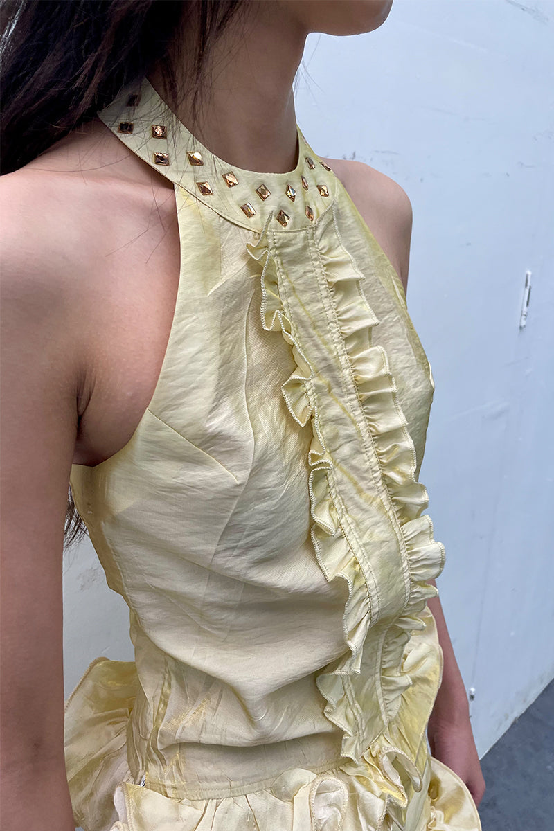 Dotyears24ss Silk thread wave lace neckline hot diamond pale yellow halterneck set Custom fabric
