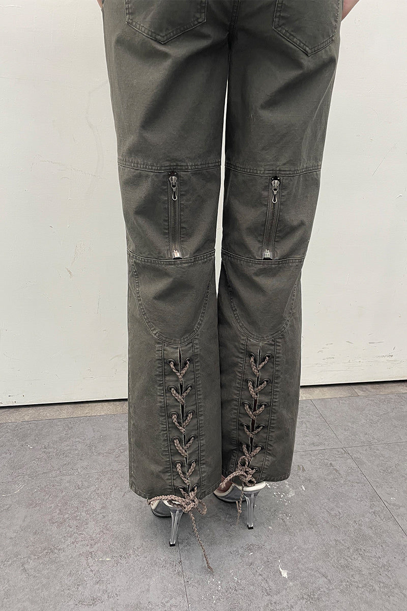 Dotyears24ss Lace-up design wash grey distressed straight-leg denim trousers