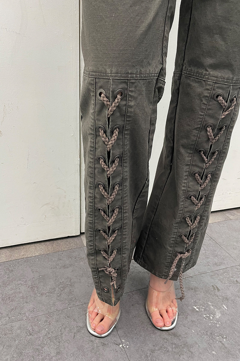 Dotyears24ss Lace-up design wash grey distressed straight-leg denim trousers