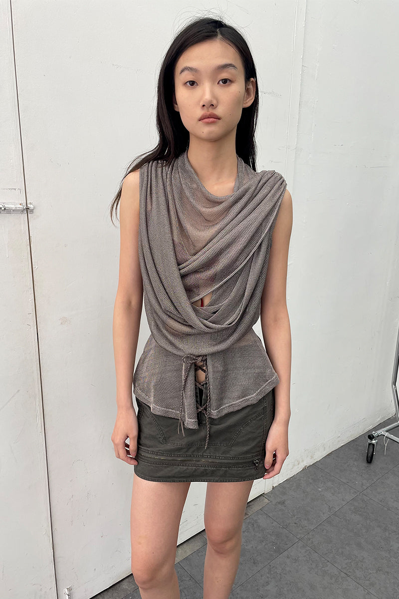 Dotyears24ss Grey tie straight low-rise denim distressed short skirt