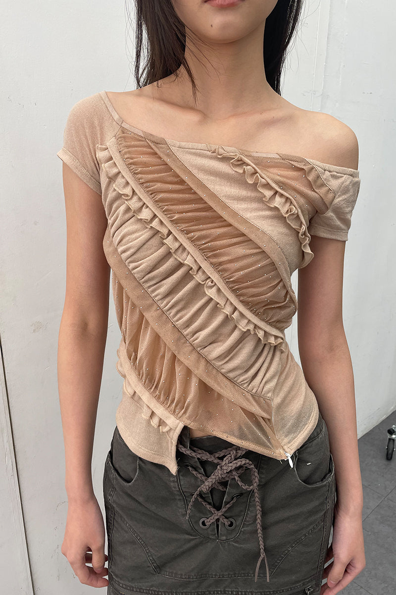 Dotyears24ss Slim-fitting apricot crop top in diamond mesh lace panelled knit