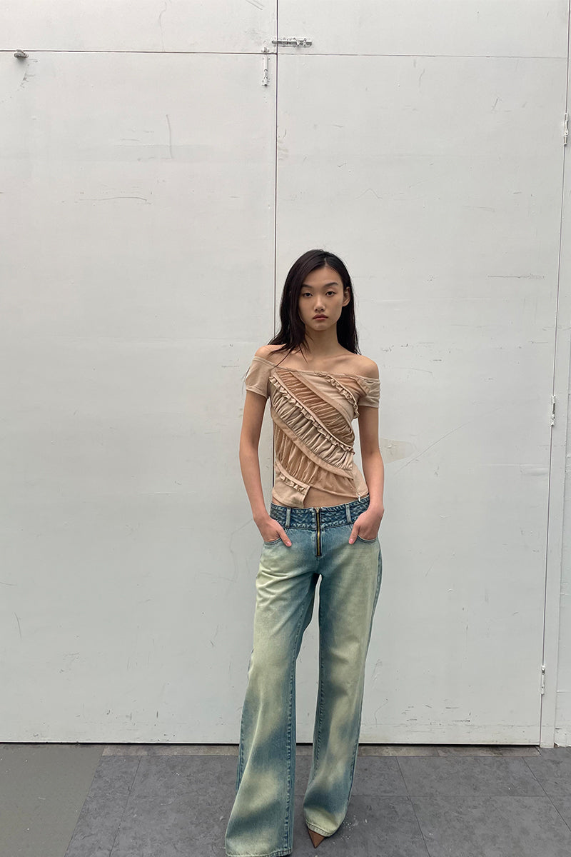 Dotyears24ss Slim-fitting apricot crop top in diamond mesh lace panelled knit