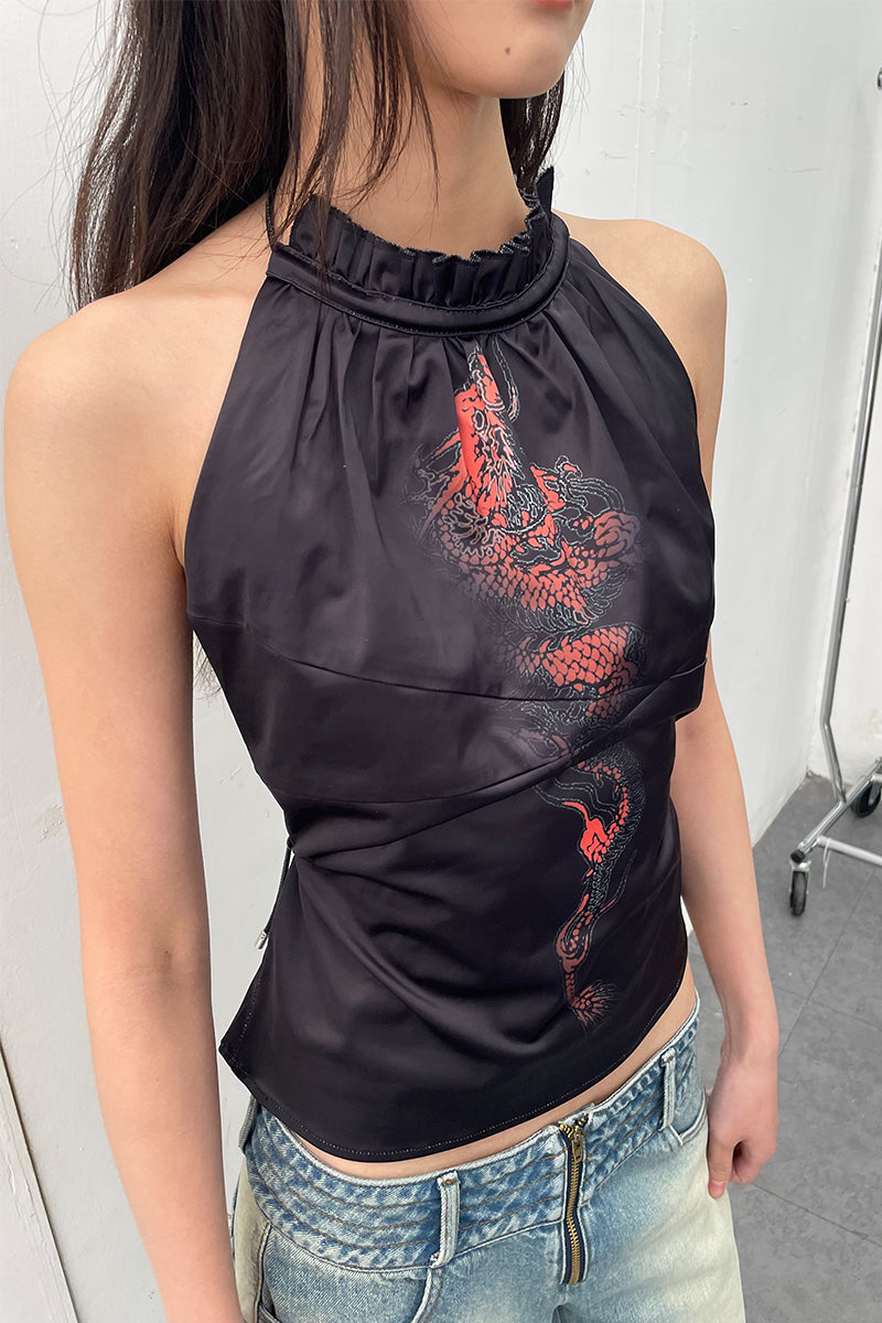 Dotyears24ss Year of the Dragon print halterneck satin camisole
