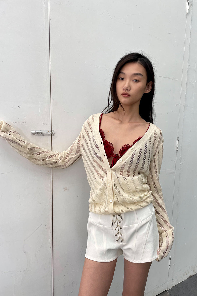 Dotyears24ss Cut-out thin silver thread knitted long-sleeved cardigan