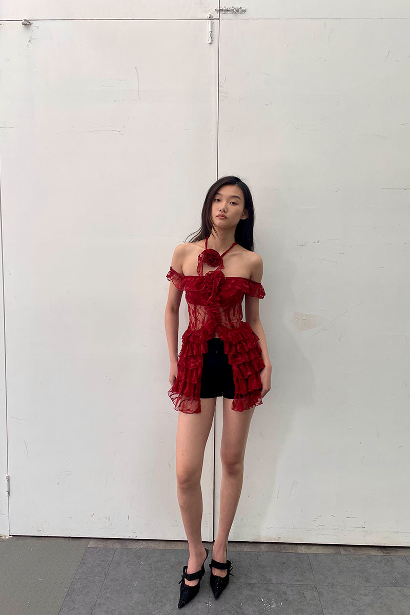 Dotyears24ss One-shouldered, two-tone black and red lace lace cardigan, midi top with lace tie