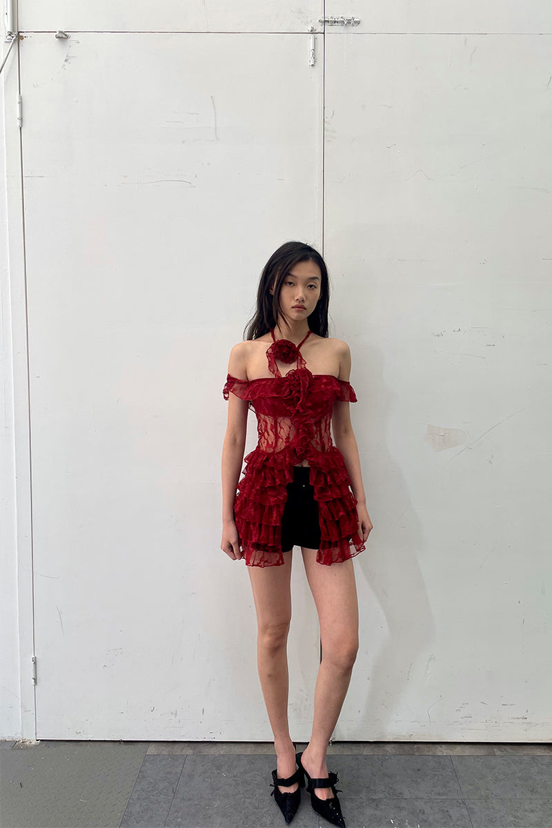 Dotyears24ss One-shouldered, two-tone black and red lace lace cardigan, midi top with lace tie