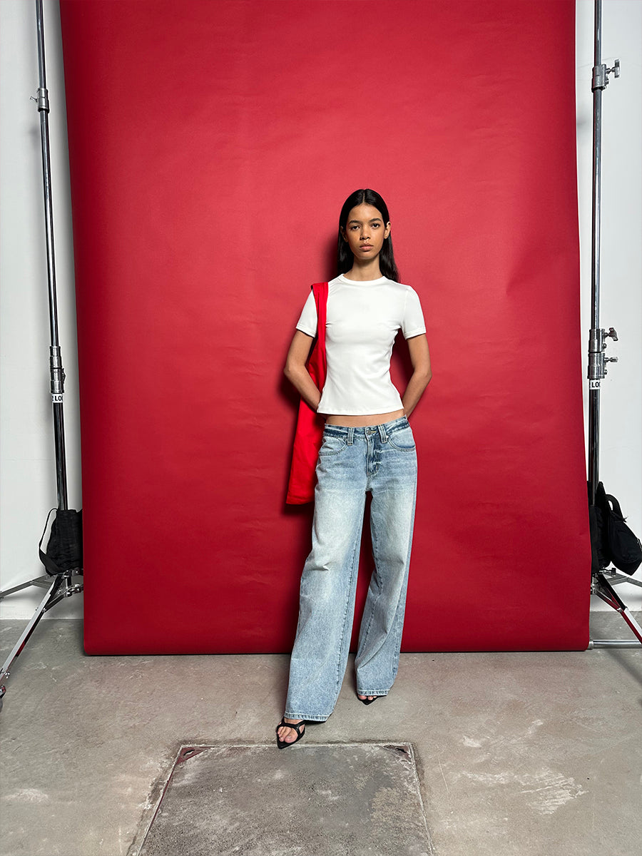 Hughum Shoulder-cinched, round-neck, slim-fit, cotton-like short-sleeved T-shirt