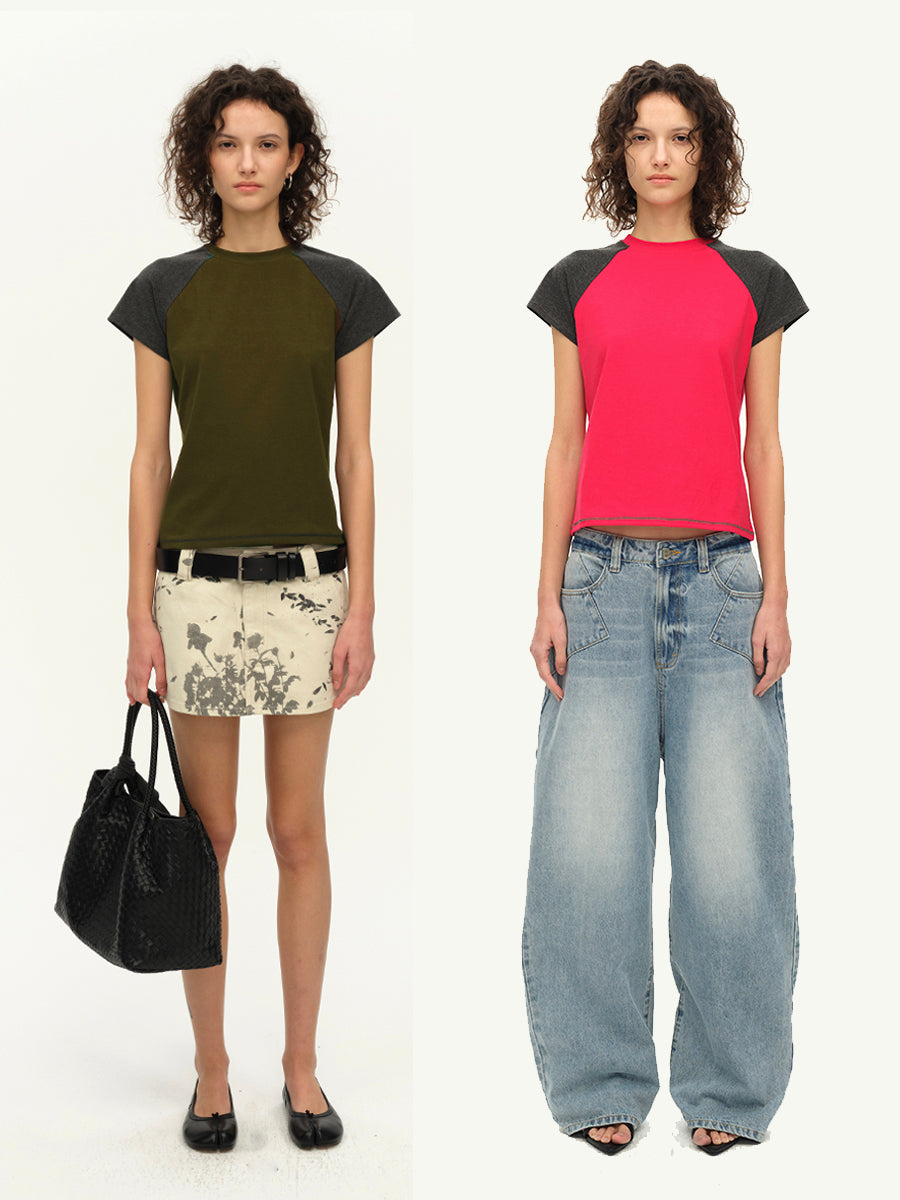 Hughum Raglan Sleeve Color-Blocked Cotton-Feel Short-Sleeve T-Shirt