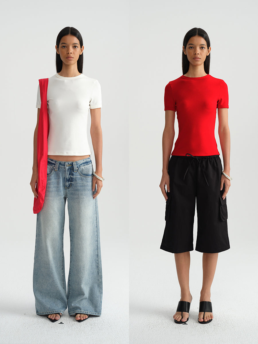 Hughum Shoulder-cinched, round-neck, slim-fit, cotton-like short-sleeved T-shirt