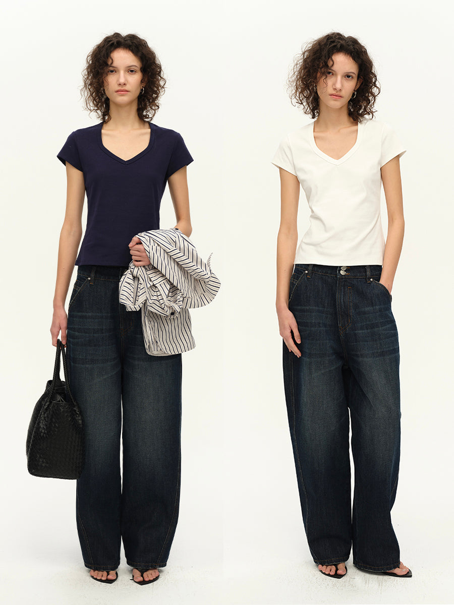 Hughum Curved V-neck Khmer knitted short T-shirt