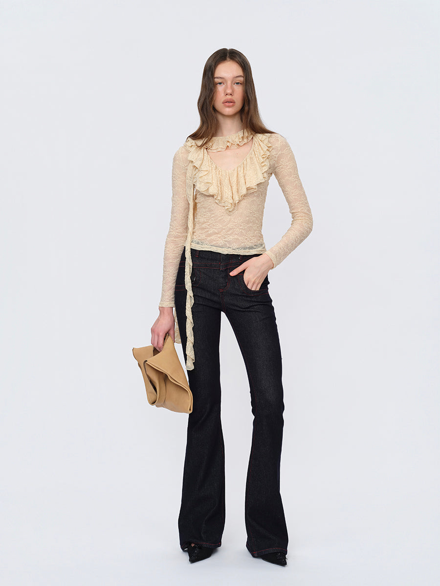 Dotyears Extended-Length Beige Top with Lace Trim