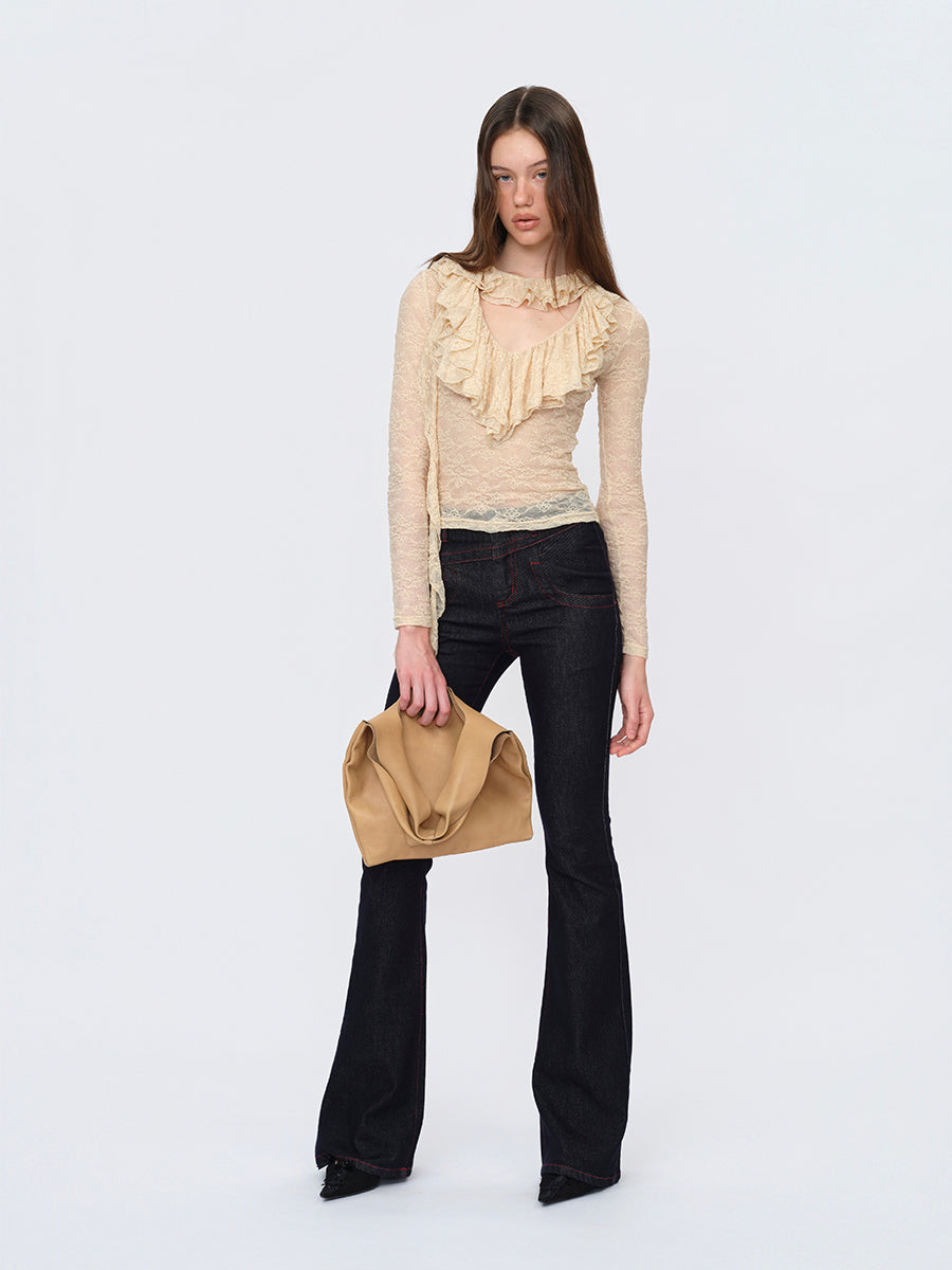 Dotyears Extended-Length Beige Top with Lace Trim