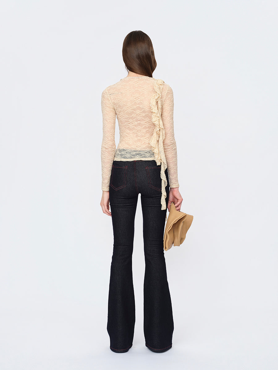 Dotyears Extended-Length Beige Top with Lace Trim