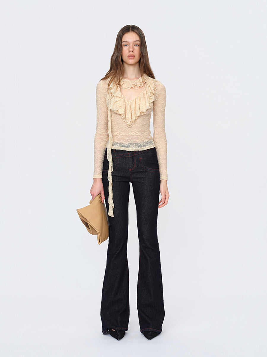 Dotyears Extended-Length Beige Top with Lace Trim