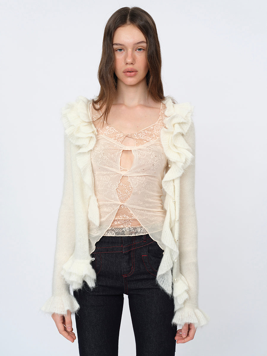 Dotyears Lace Mesh False-Layer Top with Rhinestone Details