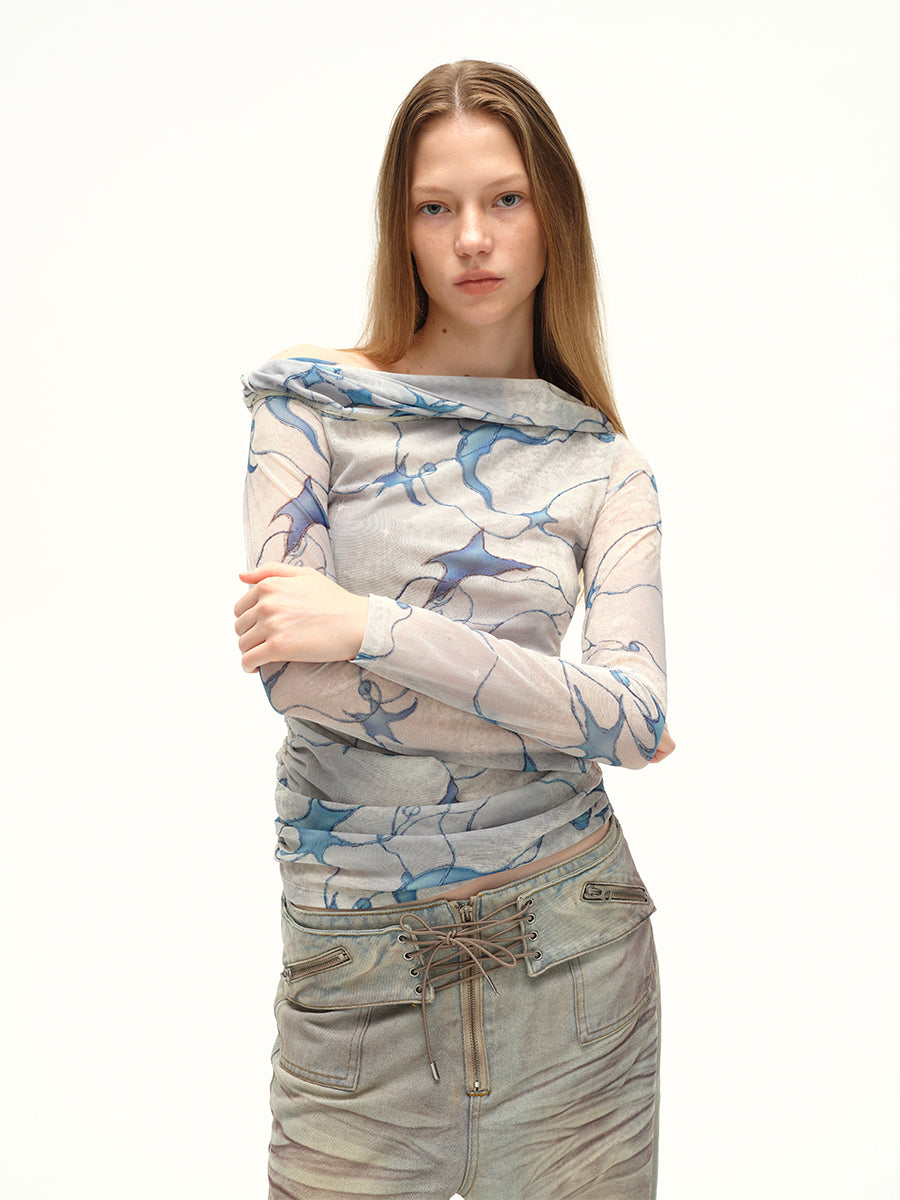 Dotyears24AW Niche original design: blue starlight print, slotted shoulder mesh