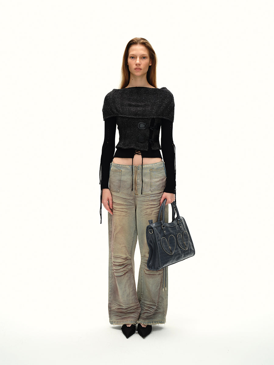 Dotyears24AW Niche original design retro distressed purple gray wide-leg strappy jeans