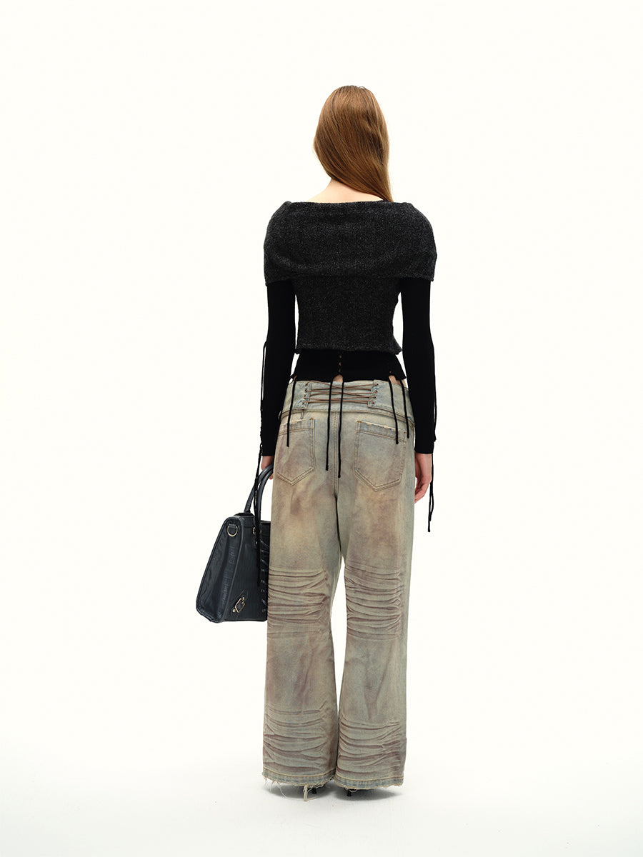 Dotyears24AW Niche original design retro distressed purple gray wide-leg strappy jeans