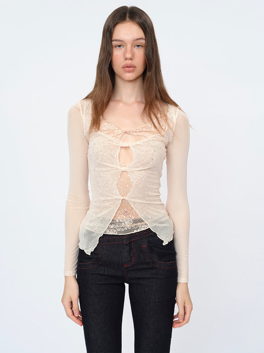 Dotyears Lace Mesh False-Layer Top with Rhinestone Details