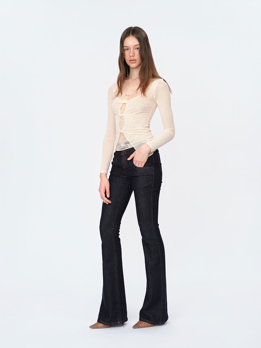 Dotyears Lace Mesh False-Layer Top with Rhinestone Details