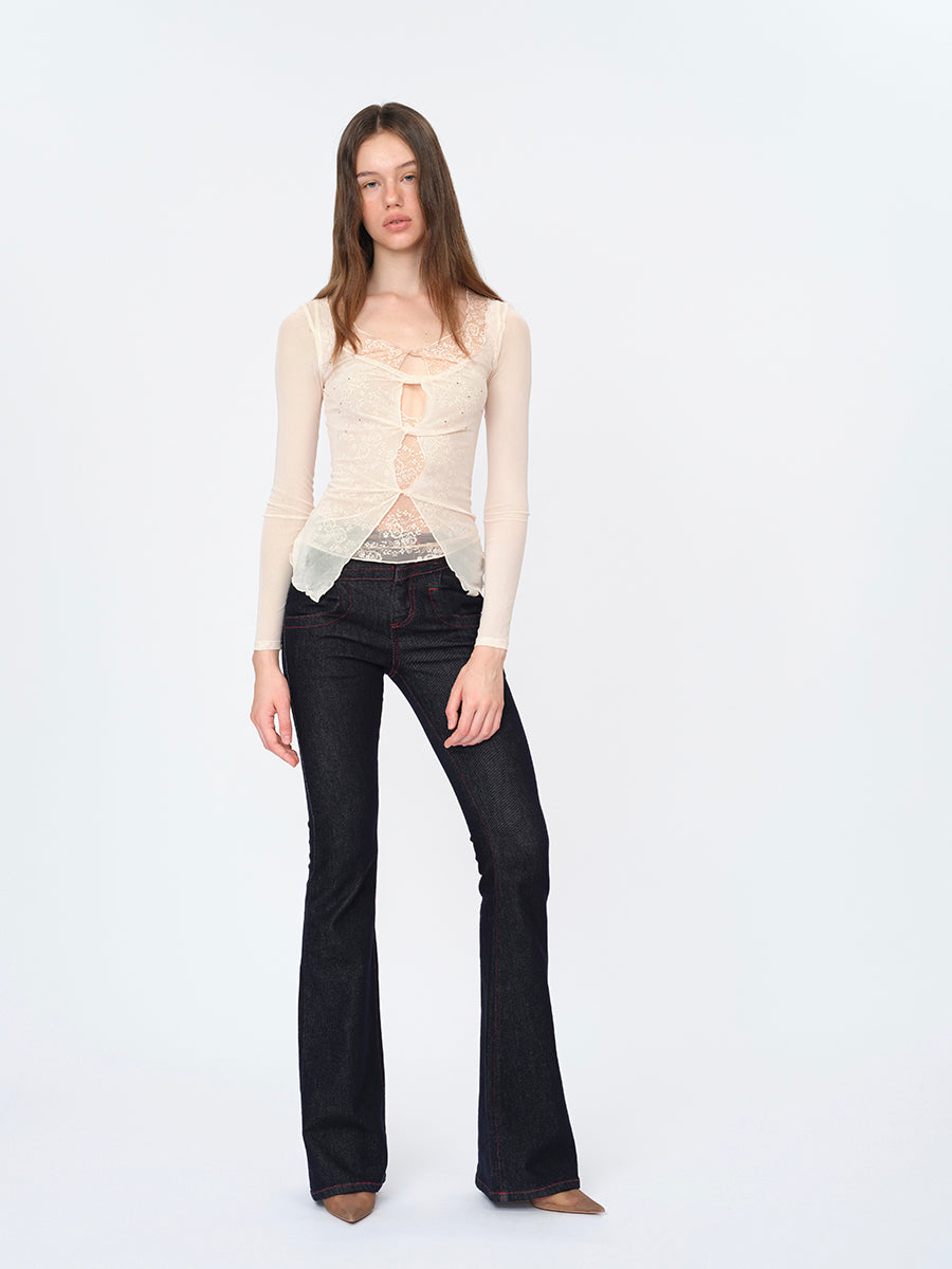 Dotyears Lace Mesh False-Layer Top with Rhinestone Details