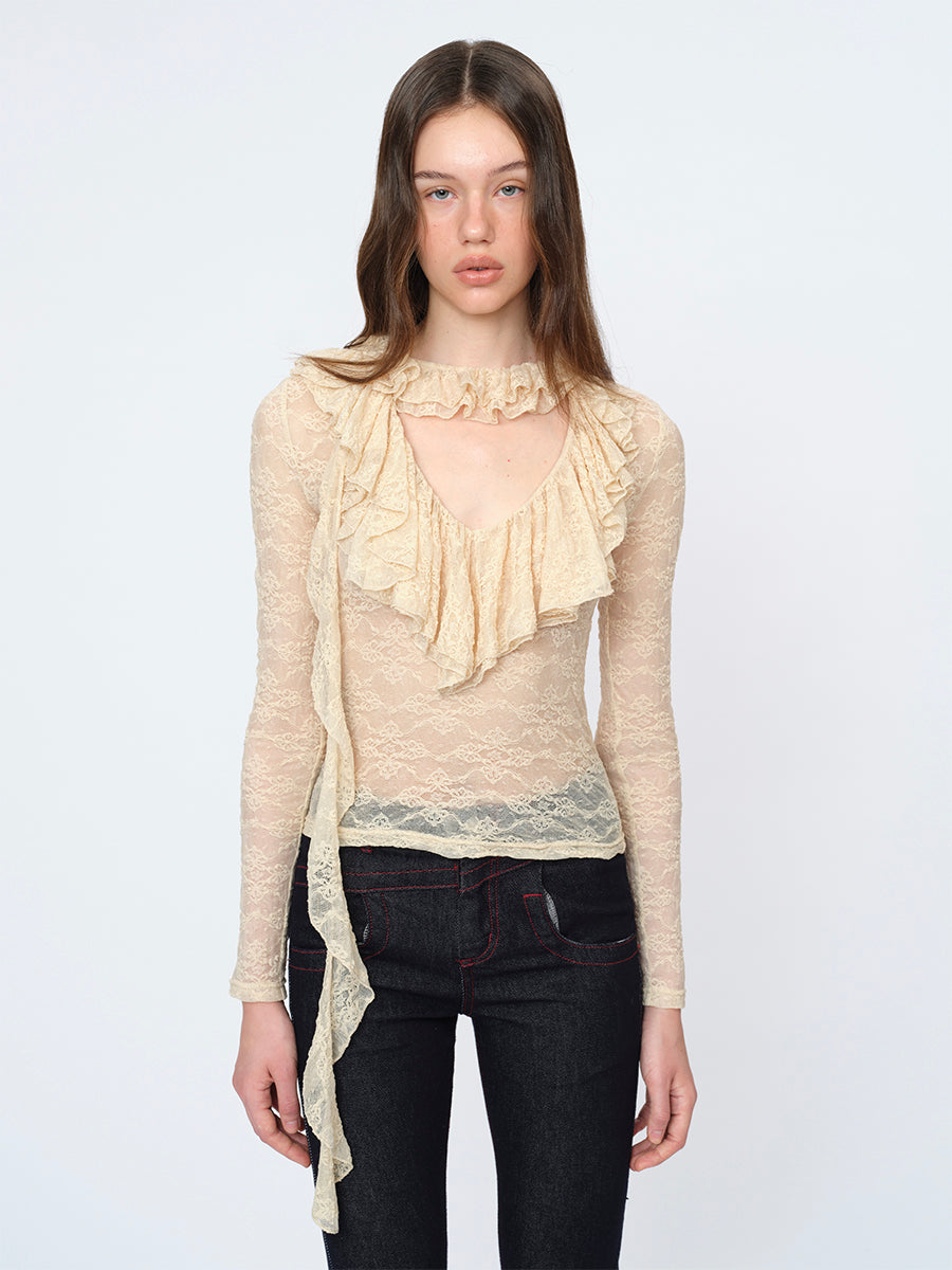 Dotyears Extended-Length Beige Top with Lace Trim