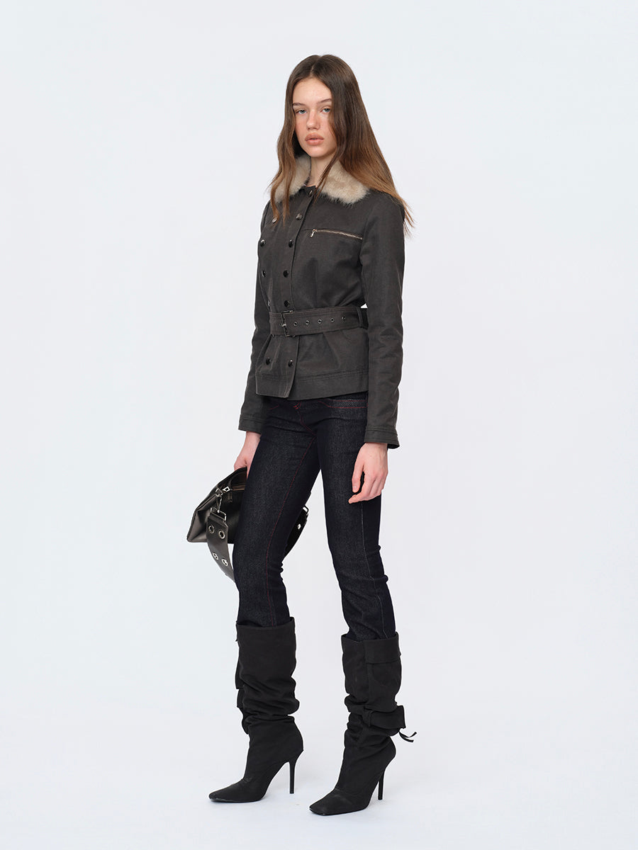 Dotyears Gray Crop Coat with Faux Fur Collar