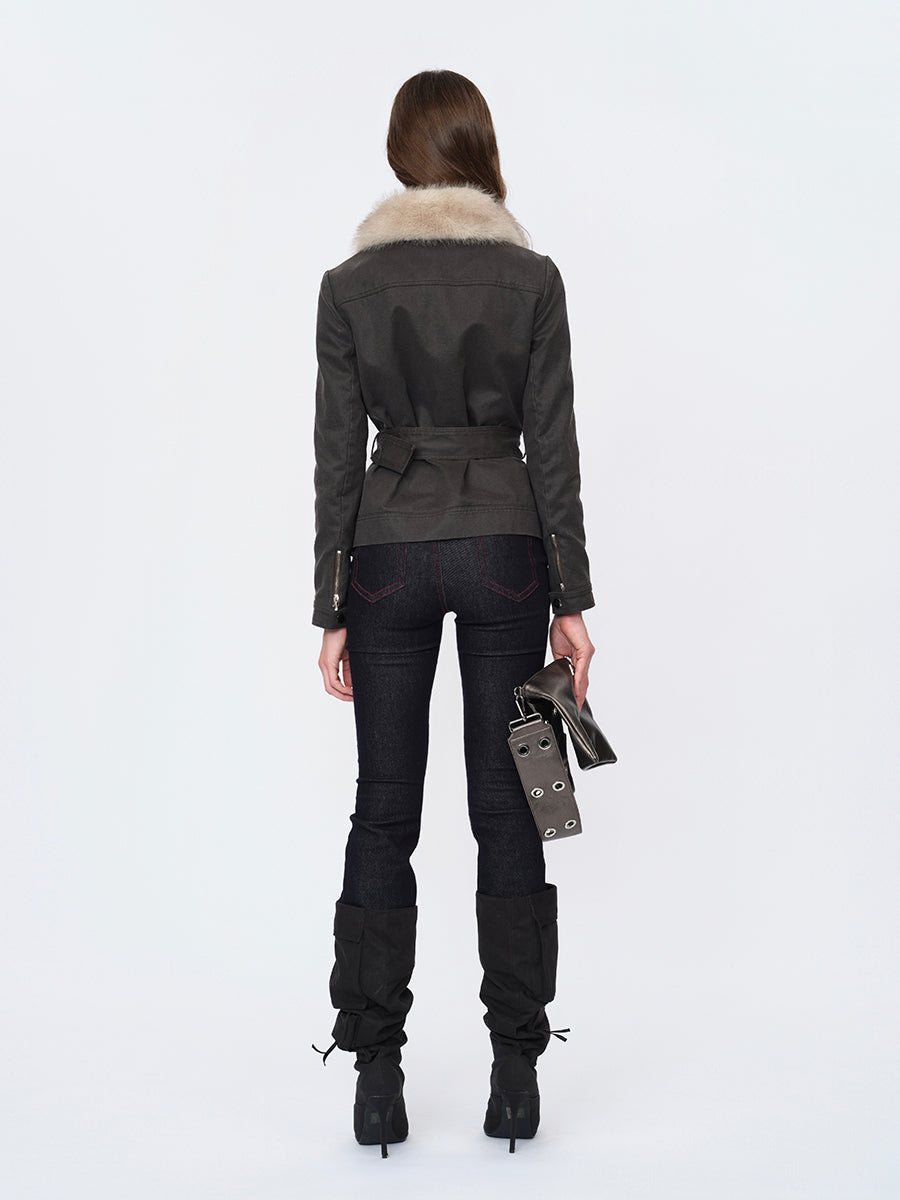 Dotyears Gray Crop Coat with Faux Fur Collar