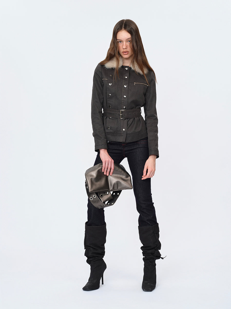 Dotyears Gray Crop Coat with Faux Fur Collar